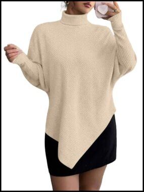 Women's Turtle Neck Sweater Knit Batwing Pullover